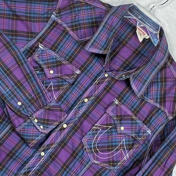 VTG True Religion Pearl Snap Western Shirt Men 3XL Purple Plaid Embroidered Y2K - Picture 1 of 9